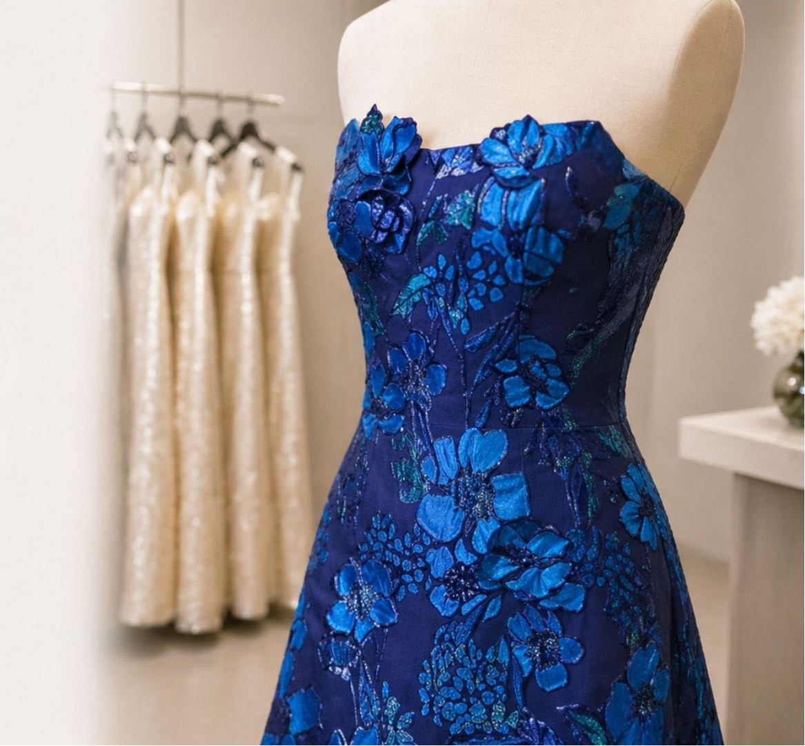 Close-up of raised floral brocade on a Rene Ruiz gown